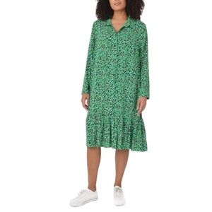 LIVE UNLIMITED Women's Smudge‎ Print Shirt Dress size 1X Green Black Tier Ribbon